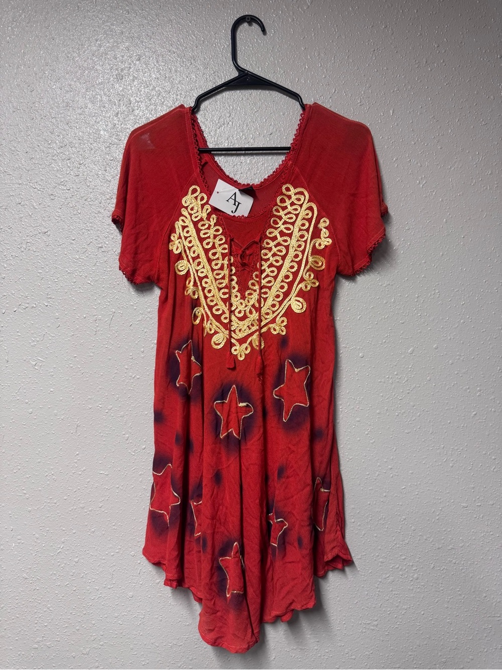 Red V-Neck Tunic with Gold Embroidery and Star Accents